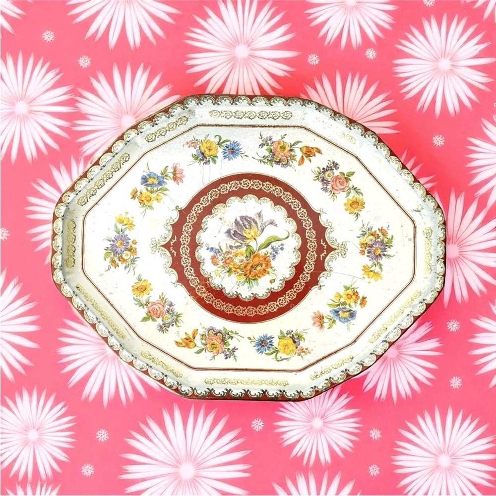 Vintage Daher Decorated Wares, Octagon Tulips Spring Flowers Metal Tray England